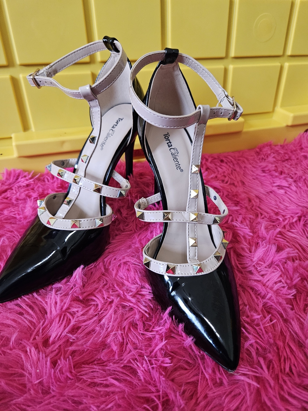 Black Patent Pointed-Toe Studded Ankle-Strap Heels